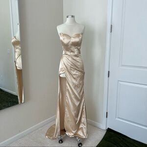 Milly Bridal Sexy high slit gold evening gown